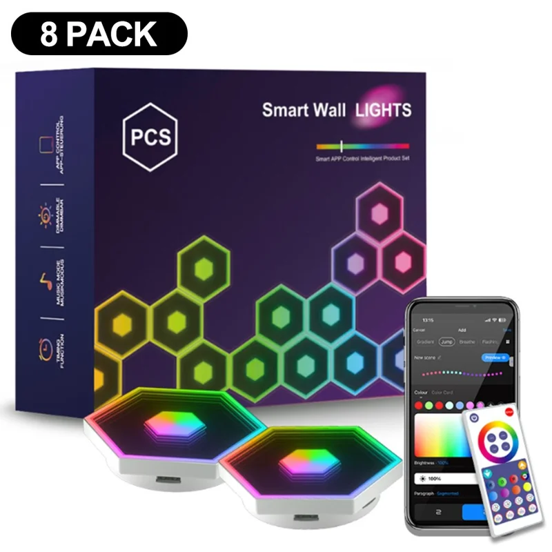 G01 8Pcs Hexagon LED Wall Lights DIY RGB Music Sync Smart APP Control Light Panels Wall Lamp for Bedroom Gaming