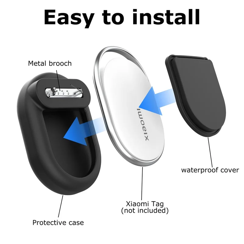 Silikonowa obudowa na Xiaomi Tag Tracker, wodoodporna, odporna na wstrząsy, z przypinką w stylu broszki, urządzenie antyzagubienie, ochronna osłonka - Czarny