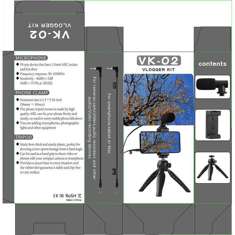 ADAI VK-01 Microphone with Handheld Tripod Phone Clamp Set for 3.5mm Audio Equipment - Black