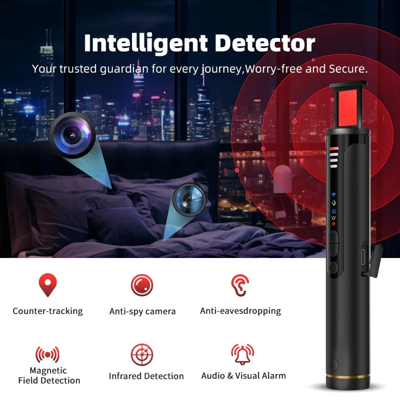 T016 Hidden Camera Bug Detector GPS Signal Anti-Spy Device Magnetic Field Detection for Hotel Car Public Restroom - Black