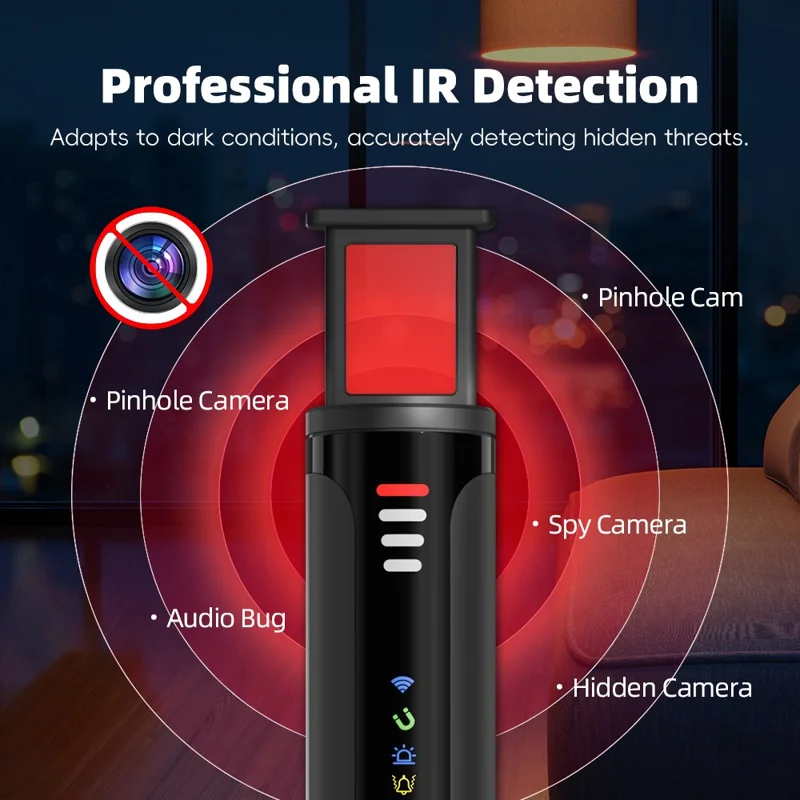 T016 Hidden Camera Bug Detector GPS Signal Anti-Spy Device Magnetic Field Detection for Hotel Car Public Restroom - Black