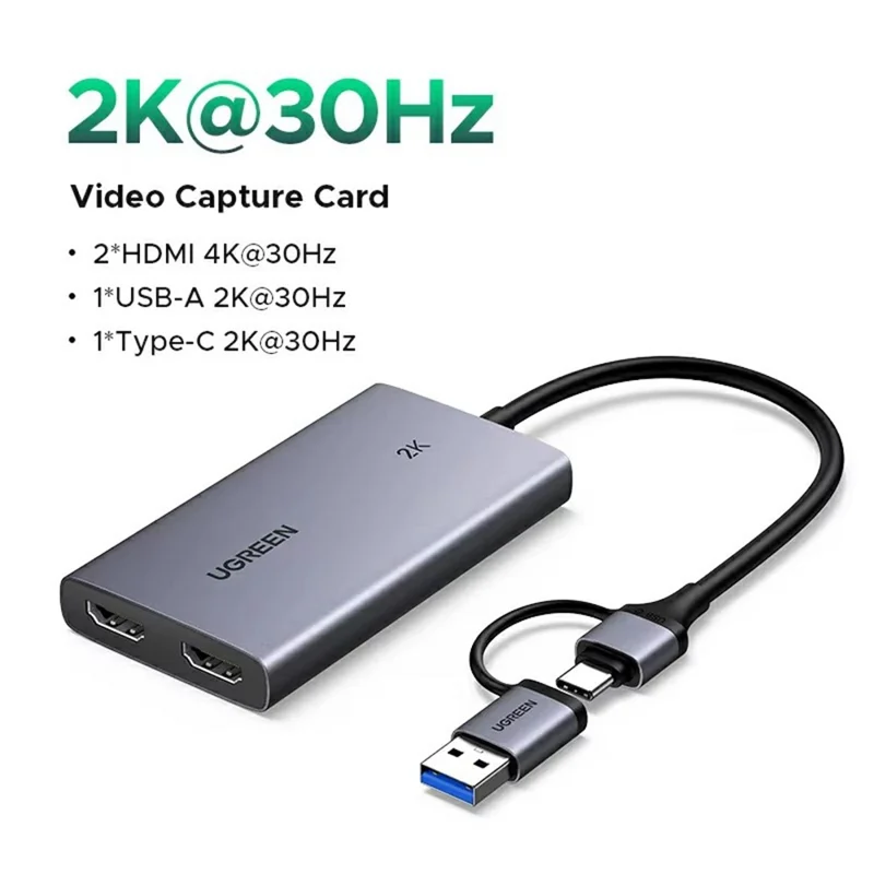 UGREEN CM726-25773 USB A / USB C 2 in 1 2K / 30Hz Video Capture Card with 4K HD Loop Out for Live Streaming Gaming