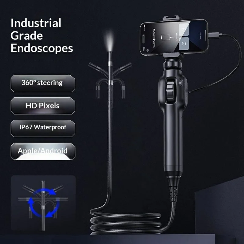 S43-OTG Industrial Endoscope with 2m Wire Cable 8.5mm Lens 360 Degree Rotating 2MP Borescope Camera for Pipeline Car Repair - Black