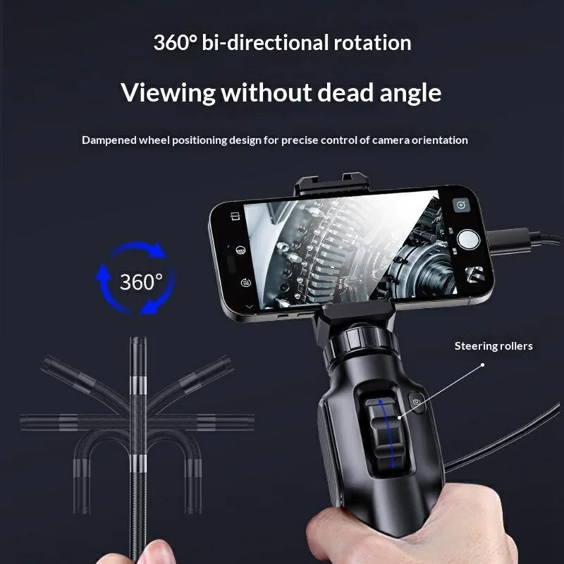 S43-OTG Industrial Endoscope with 2m Wire Cable 8.5mm Lens 360 Degree Rotating 2MP Borescope Camera for Pipeline Car Repair - Black