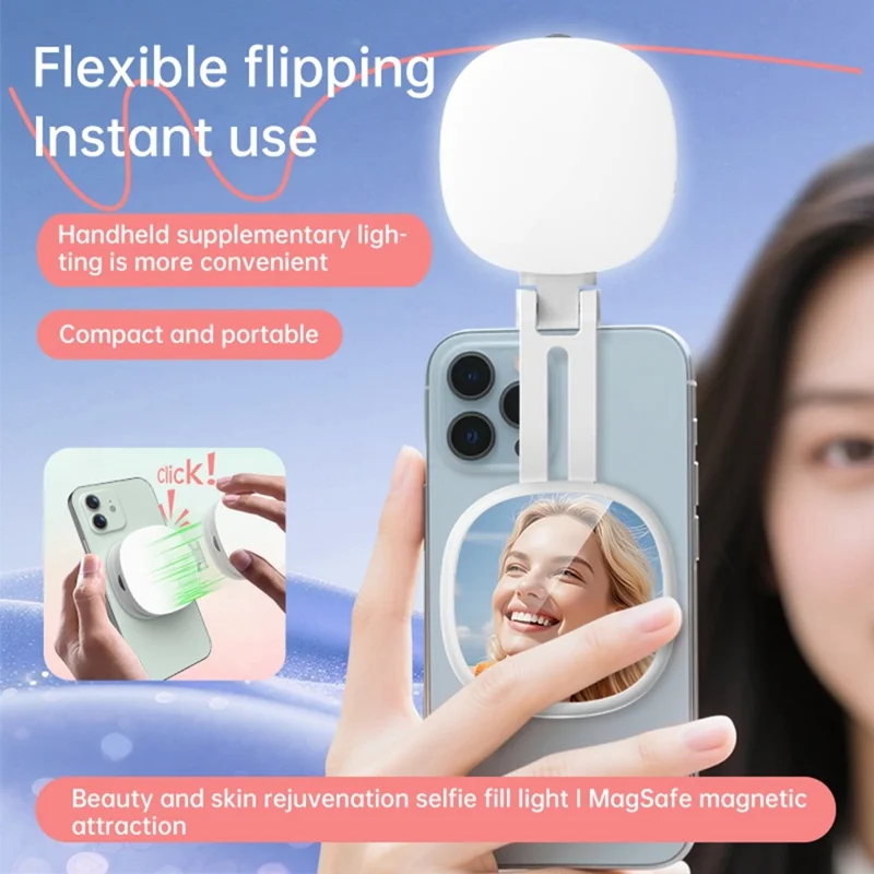 K04 Magnetic Selfie Ring Light with Mirror Foldable LED Fill Light Adjustable Brightness Phone Stand for Live Streaming - White