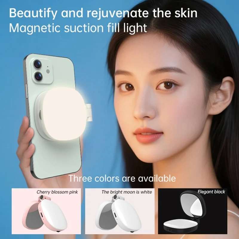 K04 Magnetic Selfie Ring Light with Mirror Foldable LED Fill Light Adjustable Brightness Phone Stand for Live Streaming - White