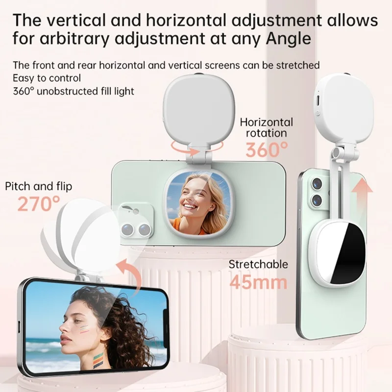 K04 Magnetic Selfie Ring Light with Mirror Foldable LED Fill Light Adjustable Brightness Phone Stand for Live Streaming - White