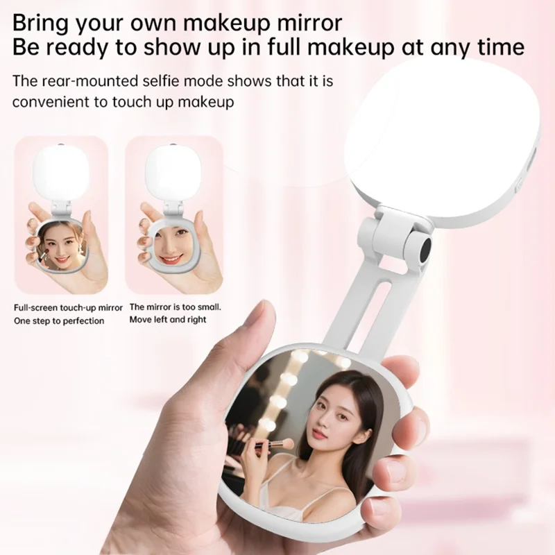 K04 Magnetic Selfie Ring Light with Mirror Foldable LED Fill Light Adjustable Brightness Phone Stand for Live Streaming - White