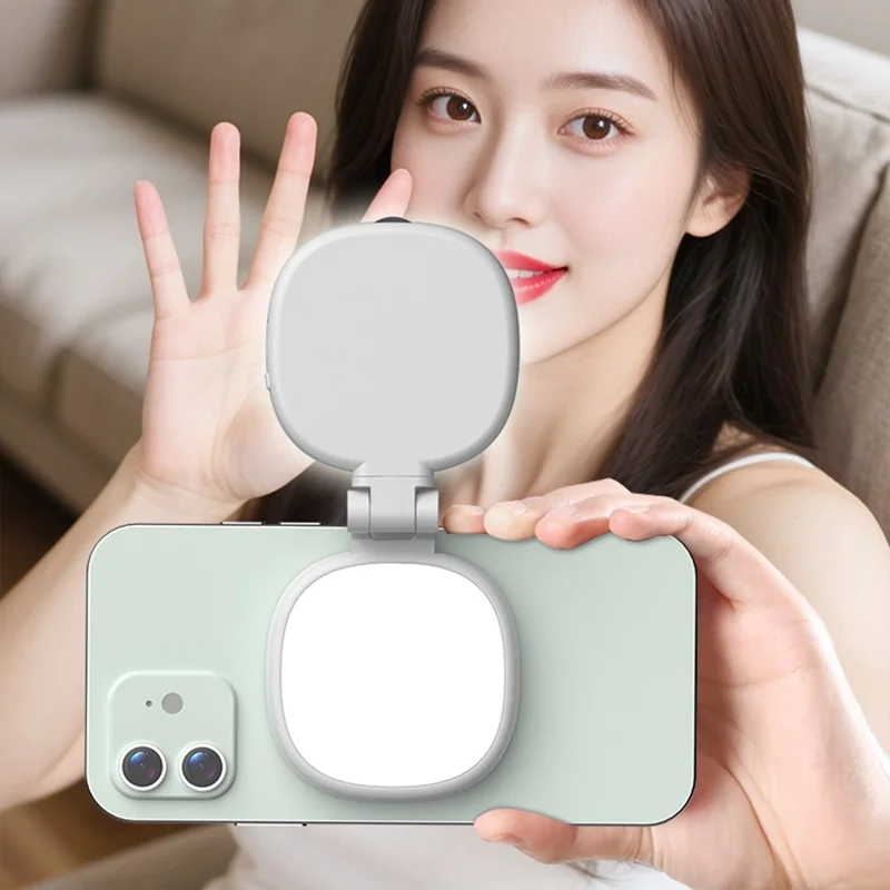 K04 Magnetic Selfie Ring Light with Mirror Foldable LED Fill Light Adjustable Brightness Phone Stand for Live Streaming - White
