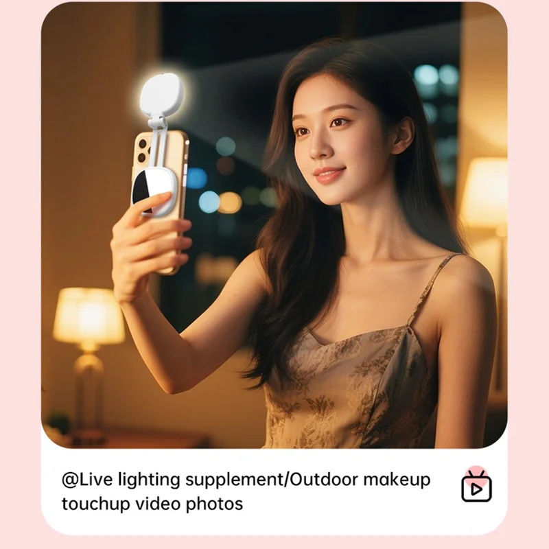 K04 Magnetic Selfie Ring Light with Mirror Foldable LED Fill Light Adjustable Brightness Phone Stand for Live Streaming - White