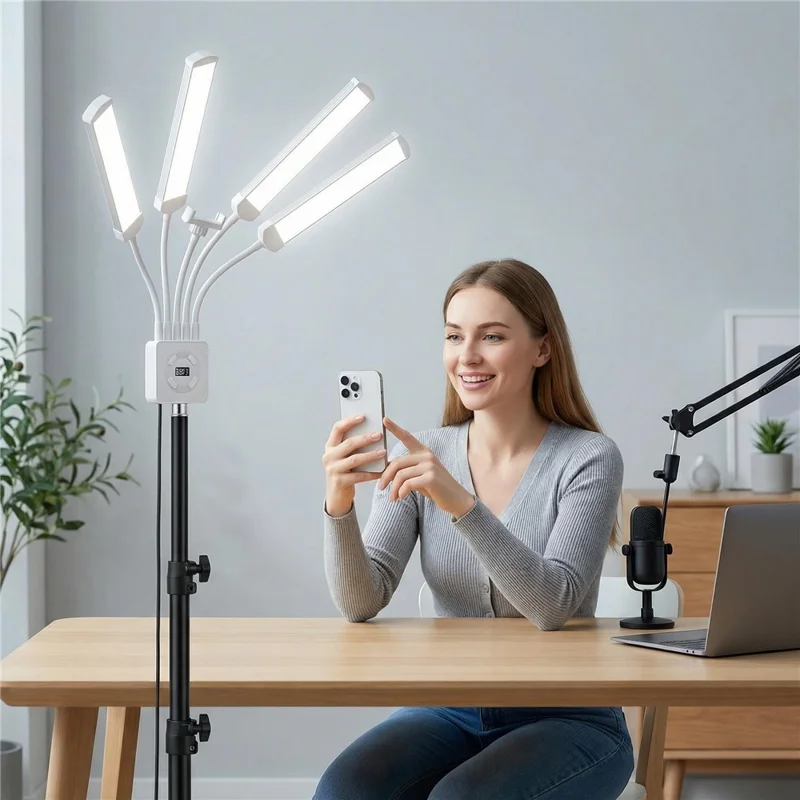 HD-150XJ 4-Arm Fill Light 3200K-5600K Adjustable Remote Control 65W LED Photography Light for Beauty Live Streaming - Black