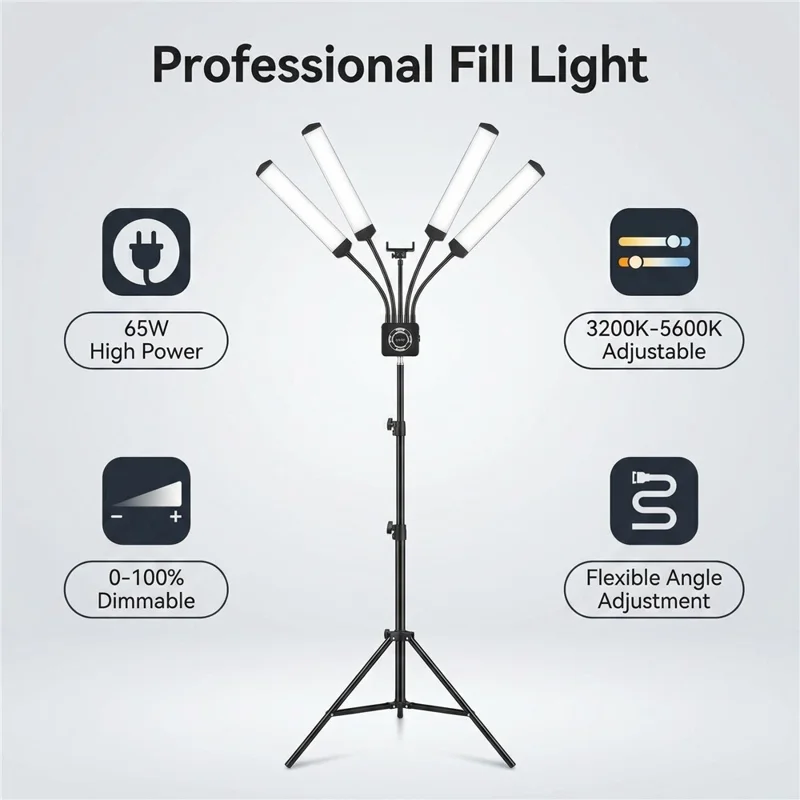 HD-150XJ 4-Arm Fill Light 3200K-5600K Adjustable Remote Control 65W LED Photography Light for Beauty Live Streaming - Black