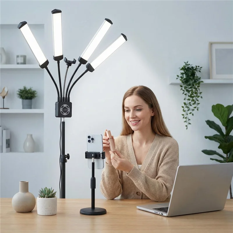 HD-150XJ 4-Arm Fill Light 3200K-5600K Adjustable Remote Control 65W LED Photography Light for Beauty Live Streaming - Black