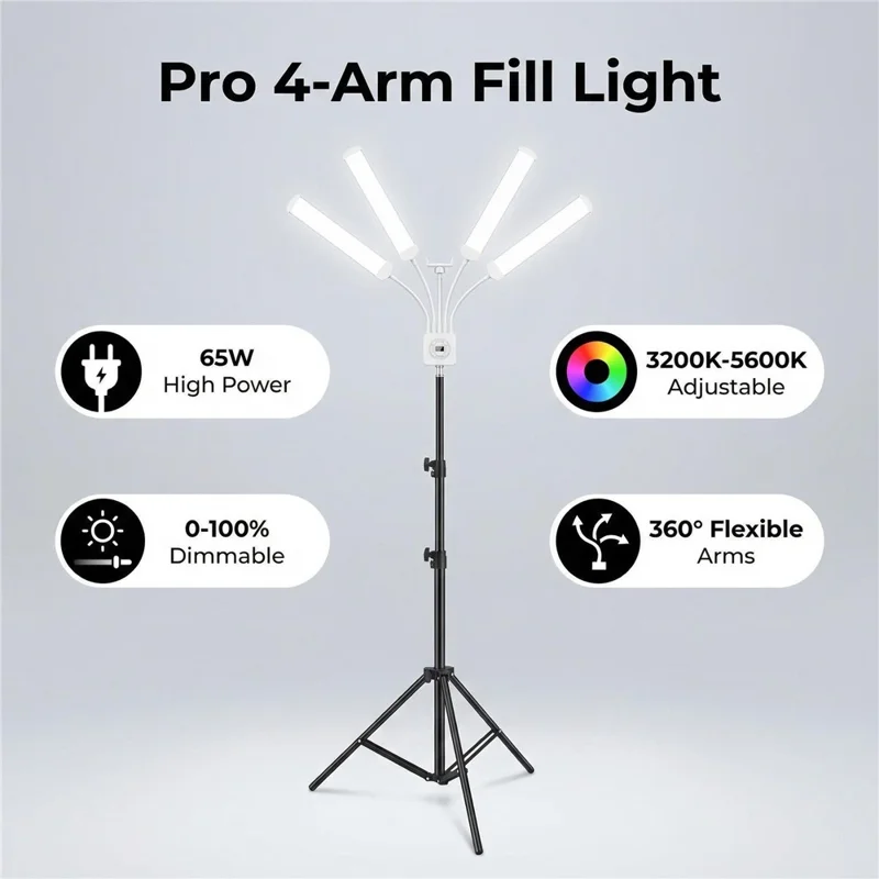 HD-150XJ 4-Arm Fill Light 3200K-5600K Adjustable Remote Control 65W LED Photography Light for Beauty Live Streaming - Black