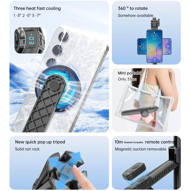 K07 Semiconductor Cooling Phone Stand Tripod Bluetooth-compatible Remote Control Selfie Stick for Live Streaming