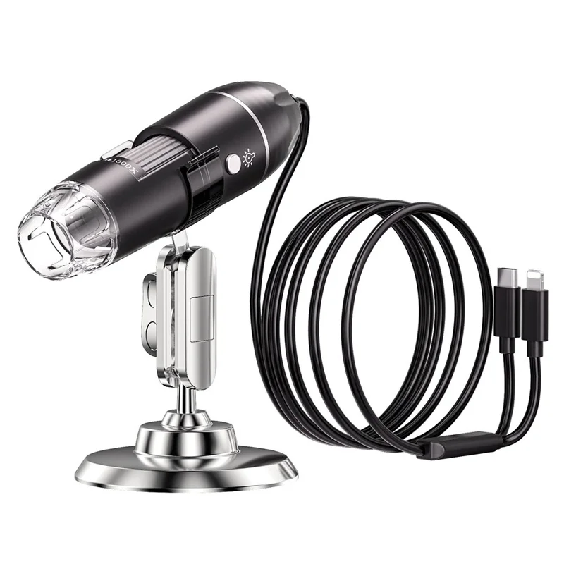 321 Handheld Digital Microscope 2MP 1600X Magnification LED Light USB-C iP (5-14) Cable Mini Camera Magnification Tool for iPhone Android - Black