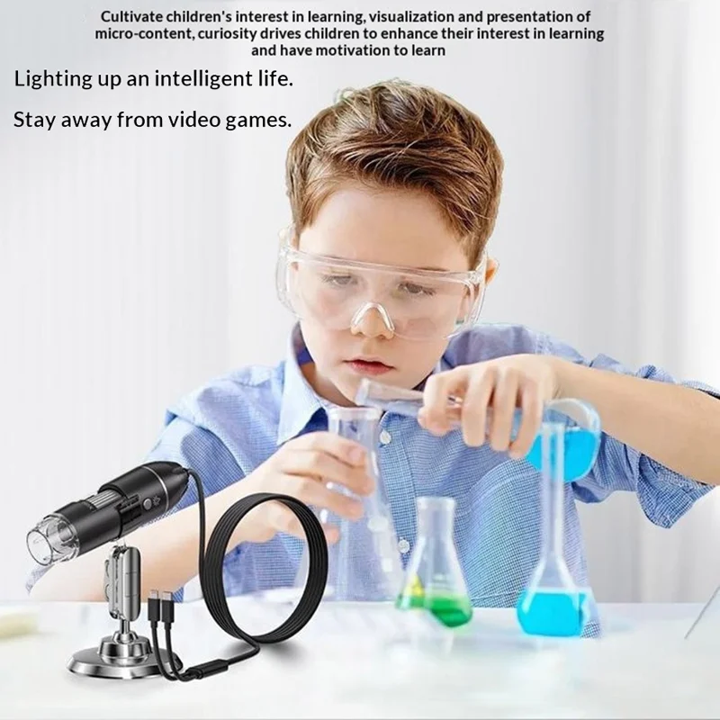 321 Handheld Digital Microscope 2MP 1600X Magnification LED Light USB-C iP (5-14) Cable Mini Camera Magnification Tool for iPhone Android - Black