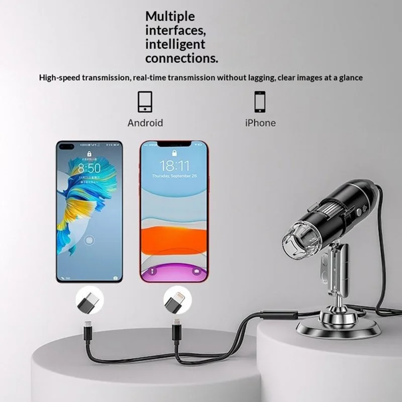 321 Handheld Digital Microscope 2MP 1600X Magnification LED Light USB-C iP (5-14) Cable Mini Camera Magnification Tool for iPhone Android - Black