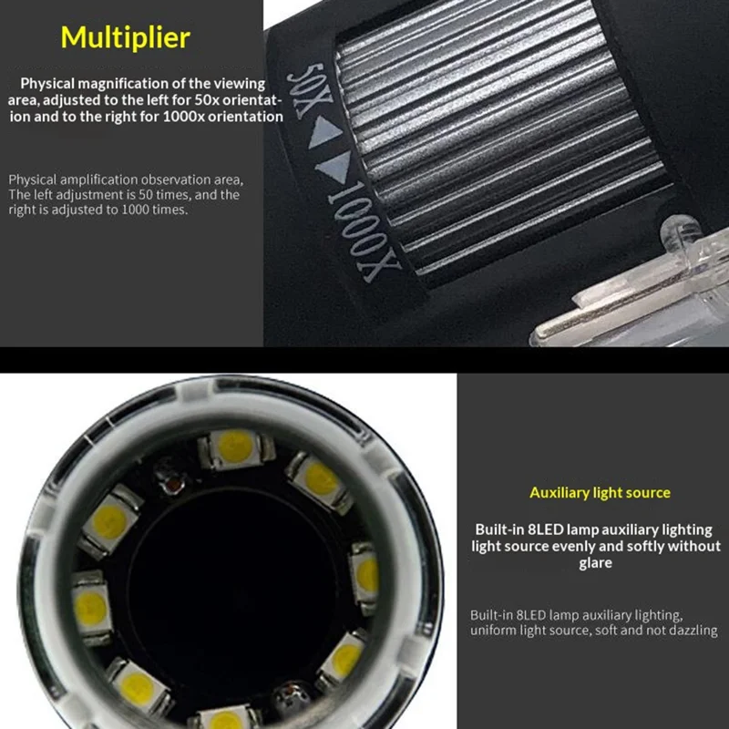 303 Microscopio Digital WiFi 1000X de Aumento 2MP HD 1080P Sensor CMOS 8 Luces LED Magnificador Inalámbrico - Negro