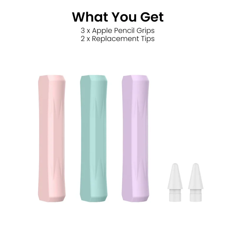 AHASTYLE DD07+WG24 3Pcs Silicone Grip Cover for Apple Pencil Pro / Apple Pencil (USB-C) / 1st Generation / 2nd Generation with 2 Replacement Tips - Pink+Purple+Green