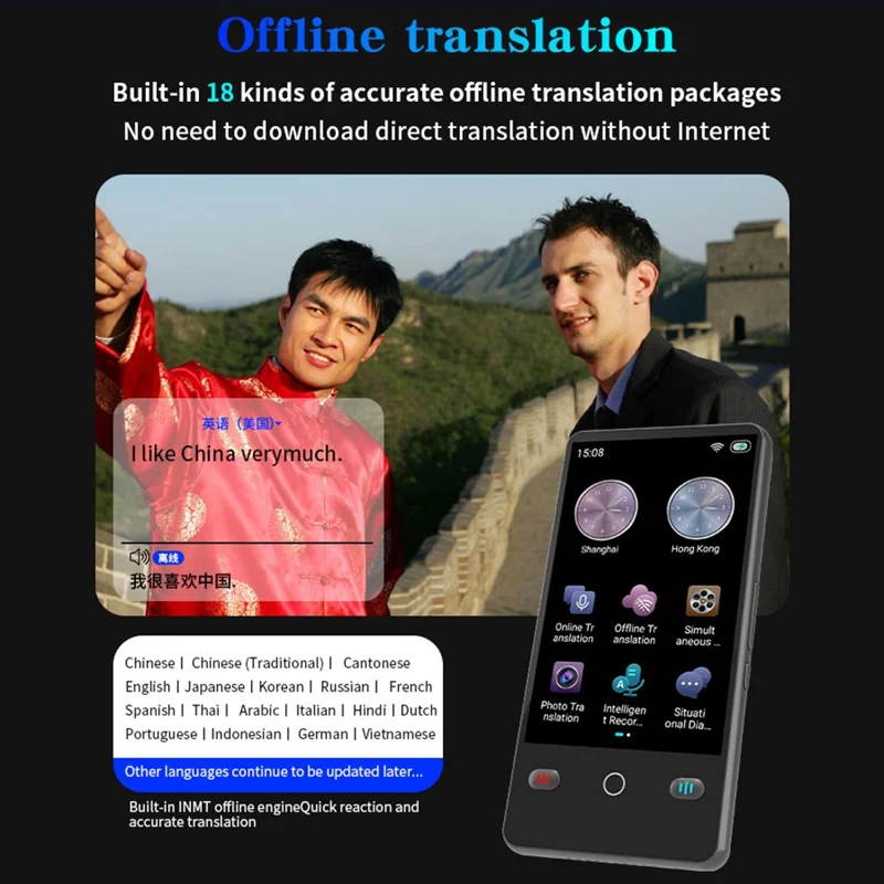 F2 4,0 pollici AI Traduttore Linguistico Portatile 142 Lingue Online Offline Bluetooth Registrazione Dispositivo di Traduzione per Viaggi - Nero