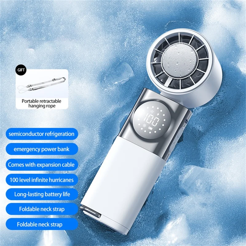 X80 Semiconductor Cooling Handheld Fan 100-Speed Adjustable Digital Display Pocket Fan with Power Bank Function - White