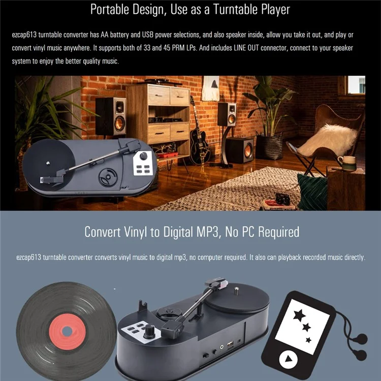 EZCAP 613 33/45RPM Tocadiscos Convertidor de MP3 Guarde la música de vinilo en tarjeta TF/Disco USB con altavoz incorporado
