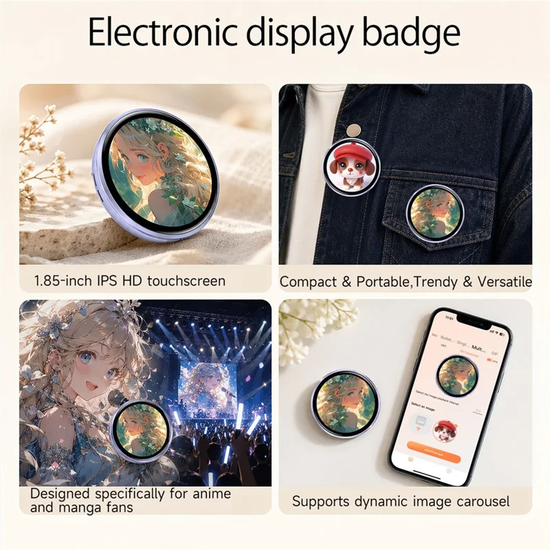 H01 Badge Elettronico 1,85 Pollici Schermo Tattile HD Display Dinamico Magnetico Spilla Regalo da Indossare - Bianco