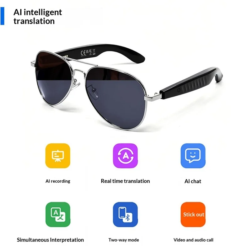 F61 Gafas Inteligentes AI con Bluetooth Traducción de Voz en Más de 100 Idiomas Navegación por Voz Llamadas y Música - Montura Plateada / Lentes Grises