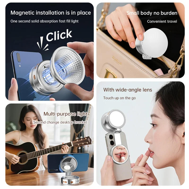 K08 Magnetisk fyllningsljus med spegel 360 graders vikbar selfie LED-ringljus 3-färgstemperatur mobilfotograferingsljus