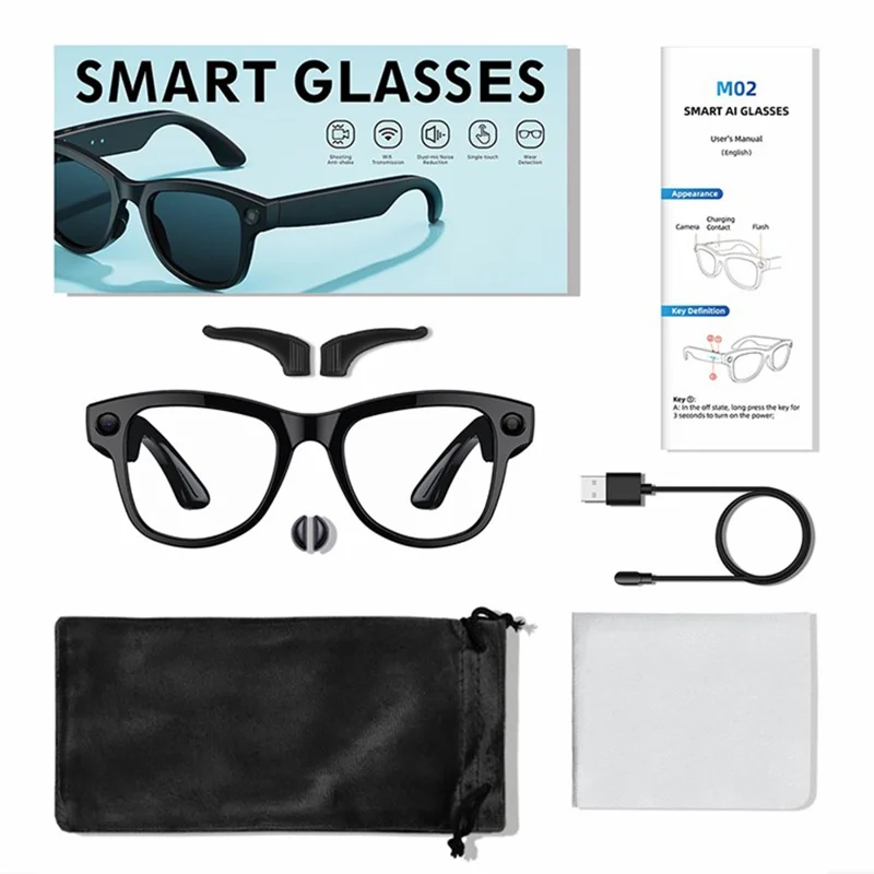 M02 AI Smart Glasses 8MP kamera 4K videooptagning Bluetooth 5.3 oversættelsesbriller til fotografering – Sort frame