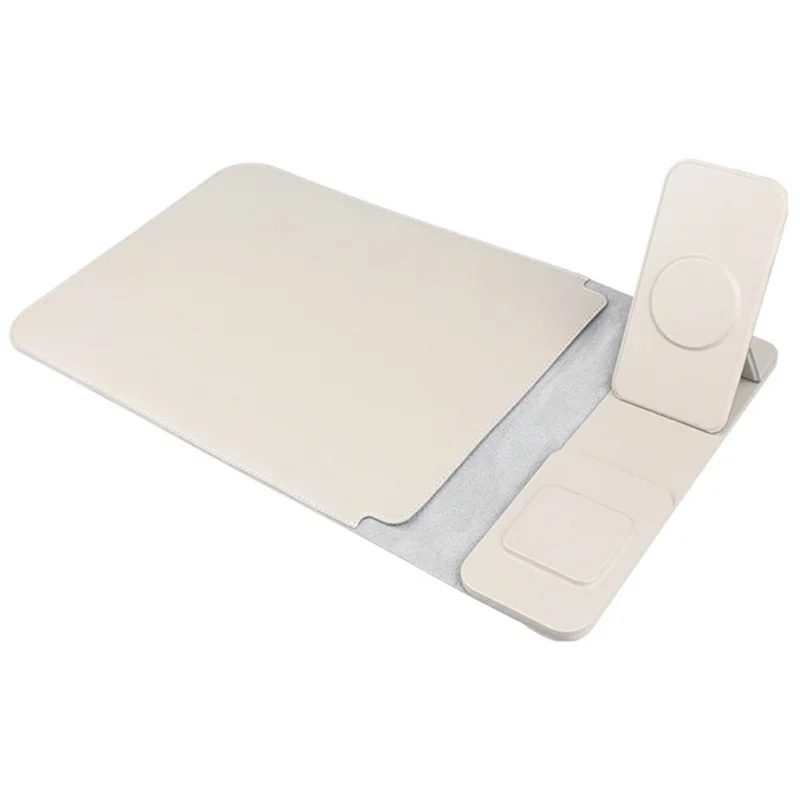 S112 3-in-1 Multifunctional PU Leather Laptop Sleeve with Magnetic Wireless 15W Fast Charging Pad Stand for Phone Earbuds - Grey