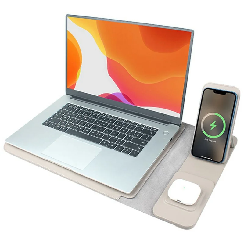 S112 3-in-1 Multifunctional PU Leather Laptop Sleeve with Magnetic Wireless 15W Fast Charging Pad Stand for Phone Earbuds - Grey