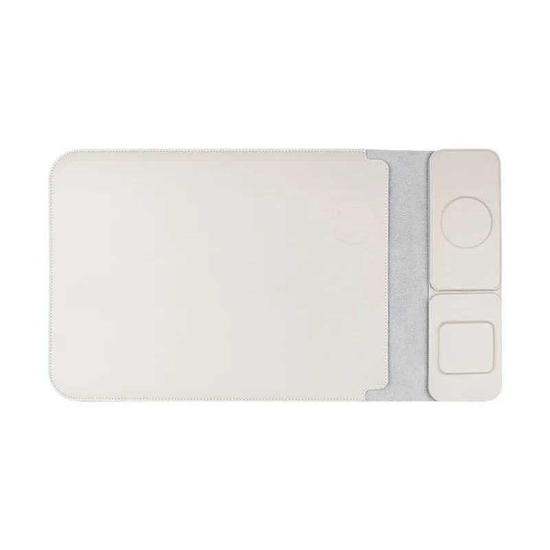 S112 3-in-1 Multifunctional PU Leather Laptop Sleeve with Magnetic Wireless 15W Fast Charging Pad Stand for Phone Earbuds - Grey