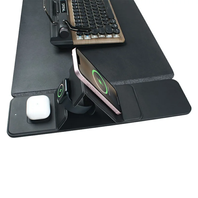 S111 3-in-1 Magnetic Wireless Charger Office Desktop Pad 15W Fast Charging Mouse Pad for Phone Watch Earbuds - Black