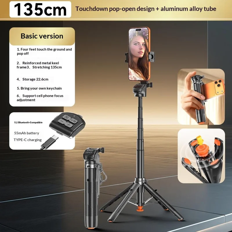 T35 Auto Pop-Up Extendable Tripod Bluetooth-compatible Selfie Stick with Remote Control for Photography - Black