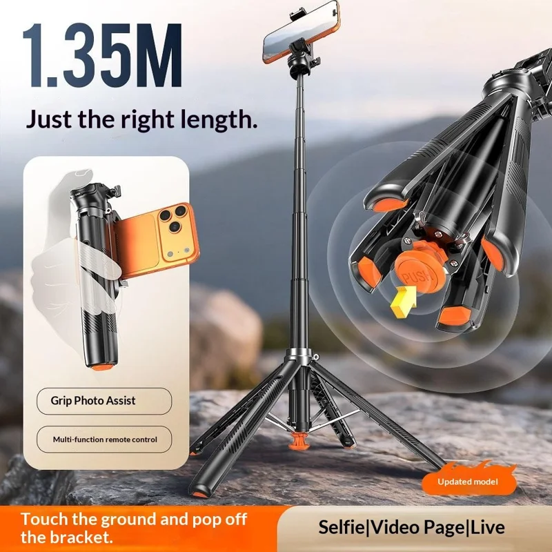 T35 Auto Pop-Up Extendable Tripod Bluetooth-compatible Selfie Stick with Remote Control for Photography - Black