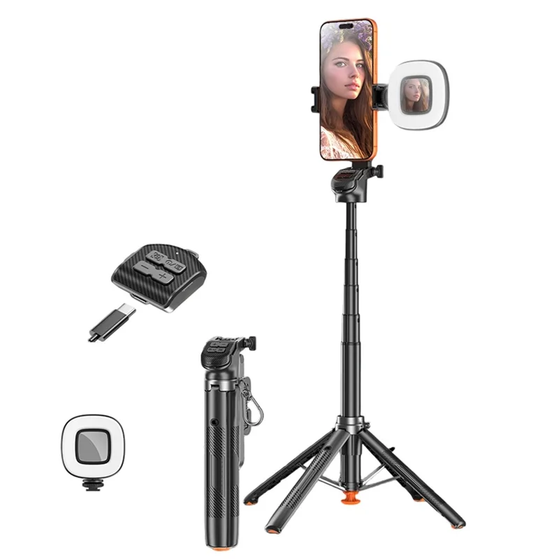 Tripé Automático T35 com Luz de Preenchimento Quadrada e Suporte Anti-Vibração para Telemóvel, Extensível, com Compatibilidade Bluetooth e Bastão para Selfie - Preto