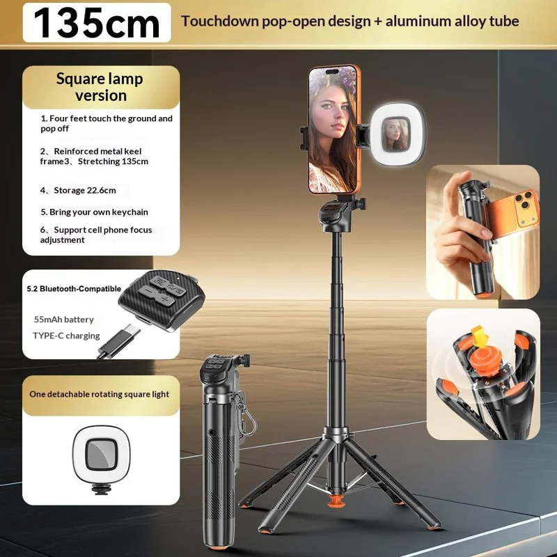 Tripé Automático T35 com Luz de Preenchimento Quadrada e Suporte Anti-Vibração para Telemóvel, Extensível, com Compatibilidade Bluetooth e Bastão para Selfie - Preto