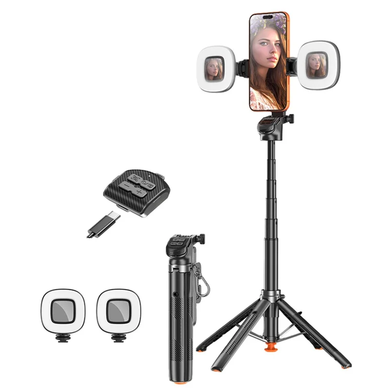 T35 Automatyczny Wyświetlający się Rozkładany Tryp całkowicie do góry z 2 szt. Kwadratowym Światłem Wypełniającym Przeciwwagę Telefonu Holder Bluetooth Selfie Stick - Czarny