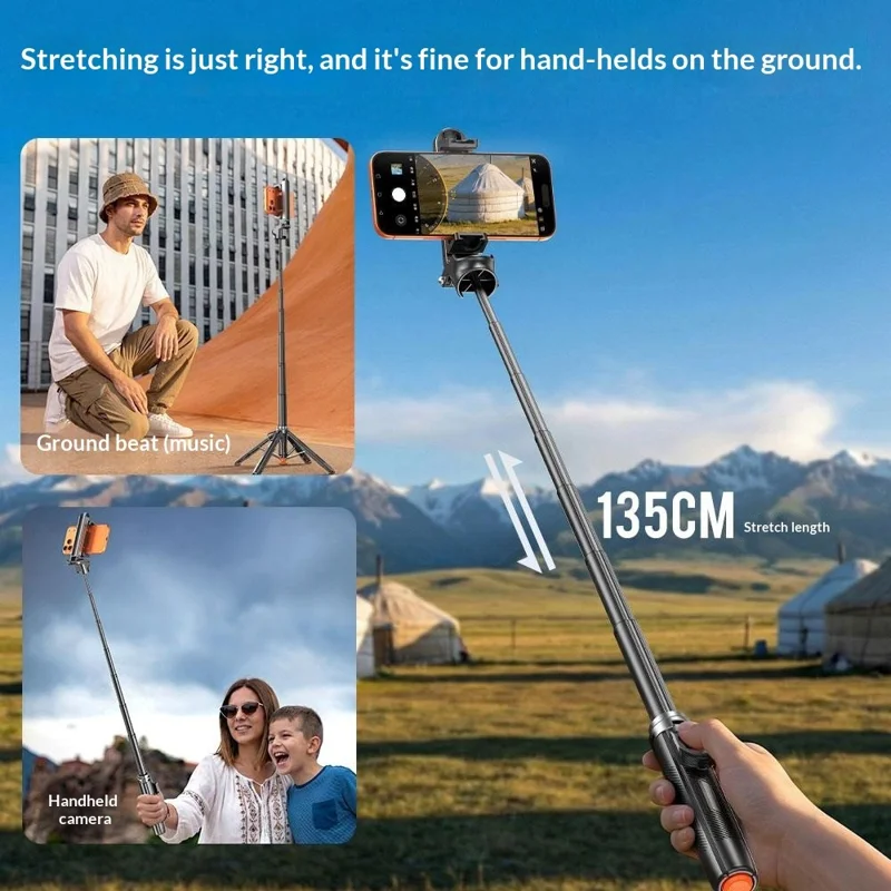 T35 Automatyczny Wyświetlający się Rozkładany Tryp całkowicie do góry z 2 szt. Kwadratowym Światłem Wypełniającym Przeciwwagę Telefonu Holder Bluetooth Selfie Stick - Czarny