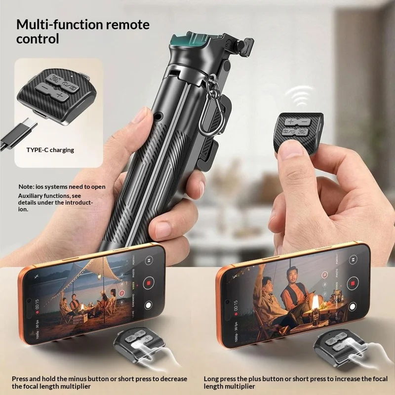 T35 Automatyczny Wyświetlający się Rozkładany Tryp całkowicie do góry z 2 szt. Kwadratowym Światłem Wypełniającym Przeciwwagę Telefonu Holder Bluetooth Selfie Stick - Czarny