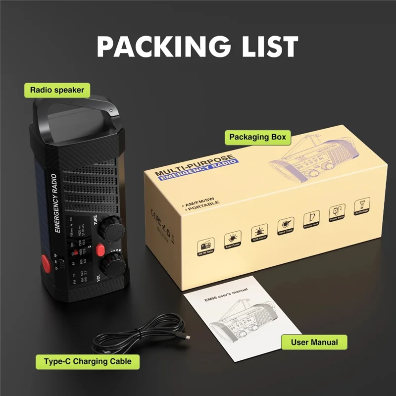EM06 Emergency Radio Solar Hand Crank 2000mAh Battery Type-C Charging AM / FM / SW Flashlight SOS Alarm Portable Radio for Outdoor