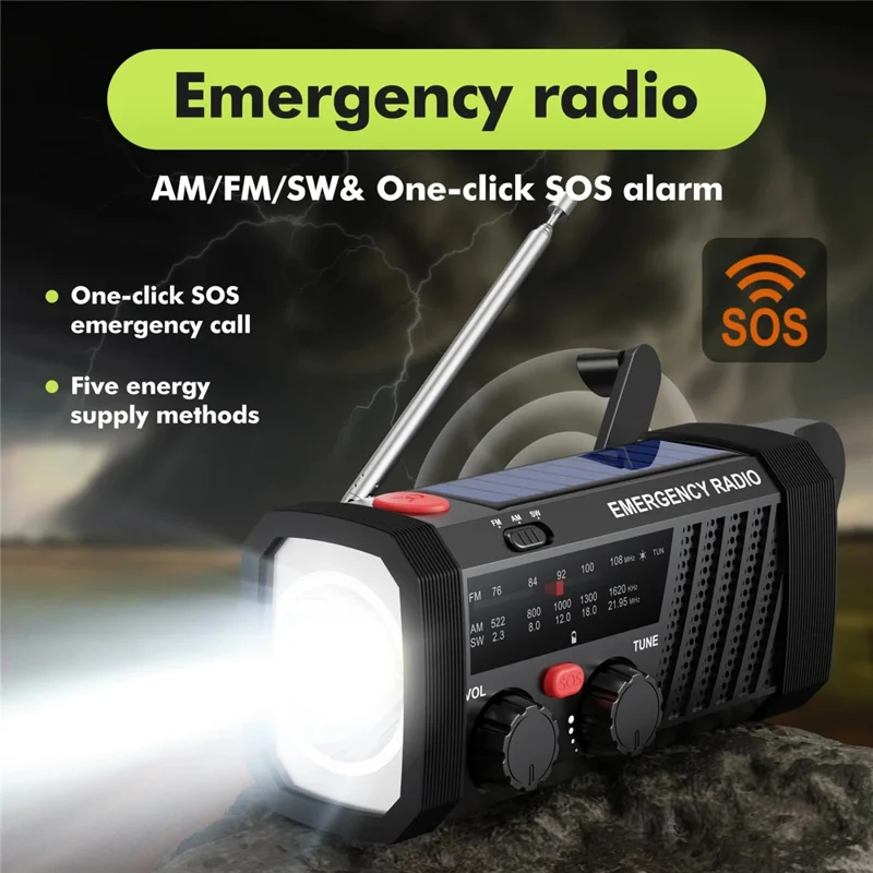 EM06 Emergency Radio Solar Hand Crank 2000mAh Battery Type-C Charging AM / FM / SW Flashlight SOS Alarm Portable Radio for Outdoor