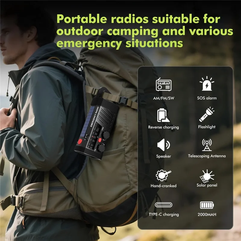 EM06 Emergency Radio Solar Hand Crank 2000mAh Battery Type-C Charging AM / FM / SW Flashlight SOS Alarm Portable Radio for Outdoor