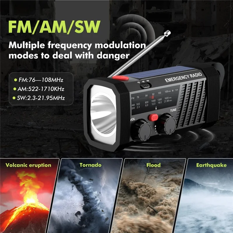 EM06 Emergency Radio Solar Hand Crank 2000mAh Battery Type-C Charging AM / FM / SW Flashlight SOS Alarm Portable Radio for Outdoor