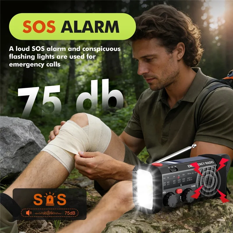 EM06 Emergency Radio Solar Hand Crank 2000mAh Battery Type-C Charging AM / FM / SW Flashlight SOS Alarm Portable Radio for Outdoor