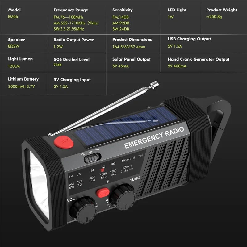 EM06 Emergency Radio Solar Hand Crank 2000mAh Battery Type-C Charging AM / FM / SW Flashlight SOS Alarm Portable Radio for Outdoor