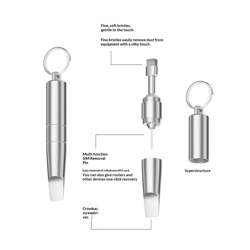 CS-02 3-in-1 Keychain Repair Tool Multi-function Portable SIM Card Ejector Pin Cleaning Brush Screwdriver for Phone Repair - Silver
