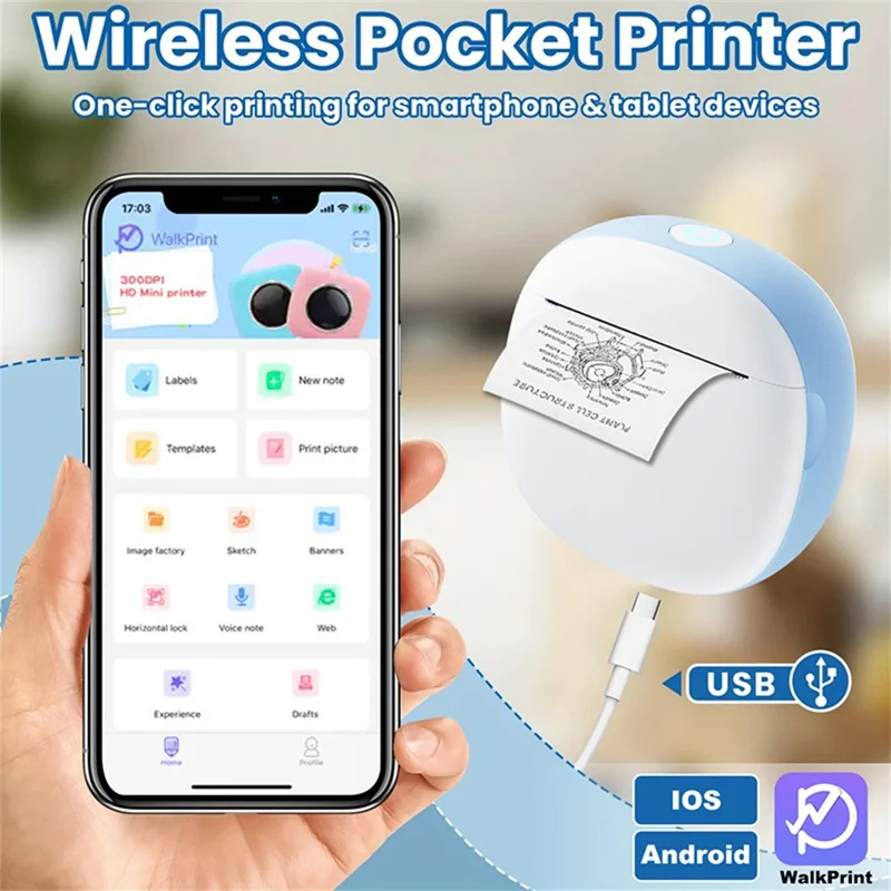 X10 Mini Pocket Bluetooth-compatible Thermal Printer 200DPI Inkless Photo Sticker Label Portable Printer - Blue  /  White